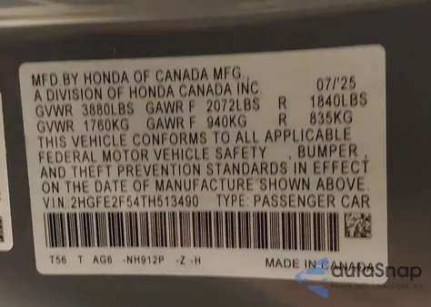 2026 Honda Civic Sport from USA, damaged, VIN 2HGFE2F54TH513490